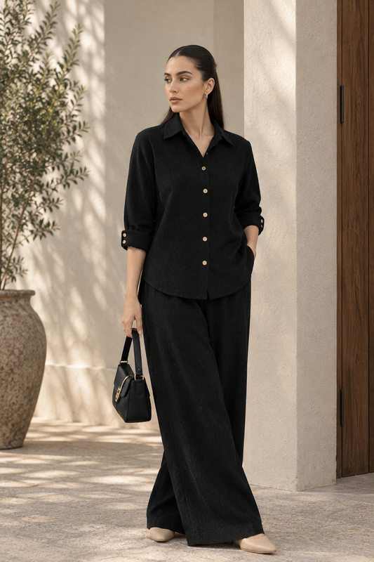 ZEVREL — NOIR MUSE BLACK Textured Co-Ord Set